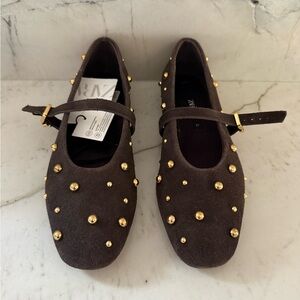 Zara Brown Suede Flats with Gold Accents
